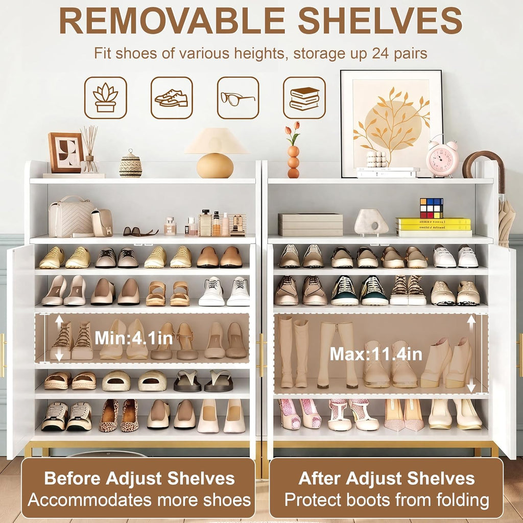 DreamDashio Shoe Cabinet with Adjustable Shelves & Doors, 7-Tier Farmhouse Shoe Storage Cabinet with Golden Metal Legs, 47.2'' Tall Shoes Rack Organizer Cabinet with Open Storage for Entryway, Hallway
