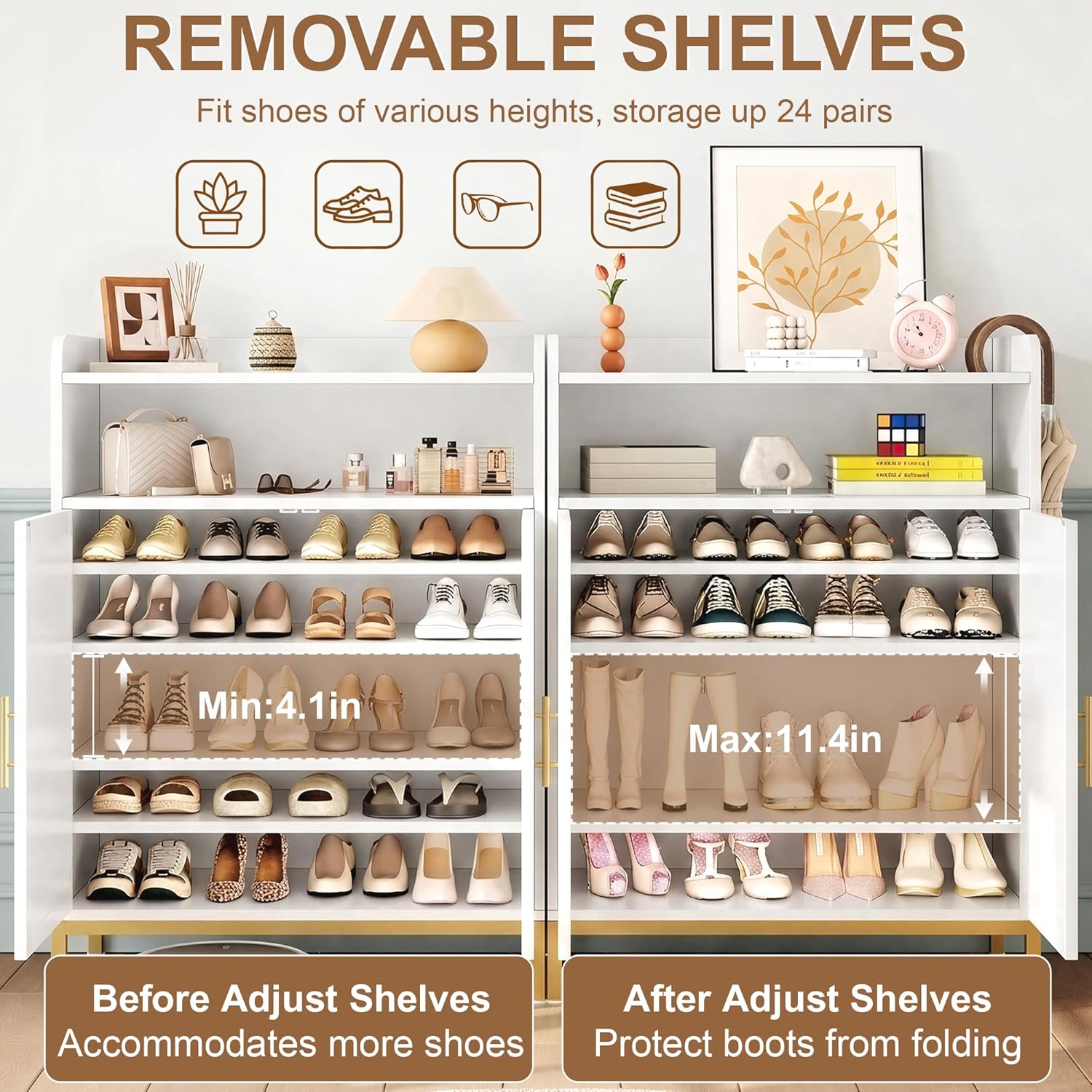 DreamDashio Shoe Cabinet with Adjustable Shelves & Doors, 7-Tier Farmhouse Shoe Storage Cabinet with Golden Metal Legs, 47.2'' Tall Shoes Rack Organizer Cabinet with Open Storage for Entryway, Hallway