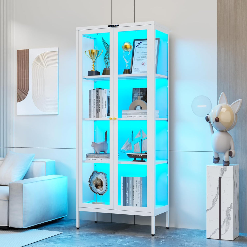 Polup Metal Glass Display Cabinet with Glass Doors, Lighted Curio Cabinet with 8-Color LED Lights, 66 Inch Tall Display Case for Collectibles, Plants, White Glass Cabinet for Living Room