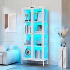 Polup Metal Glass Display Cabinet with Glass Doors, Lighted Curio Cabinet with 8-Color LED Lights, 66 Inch Tall Display Case for Collectibles, Plants, White Glass Cabinet for Living Room