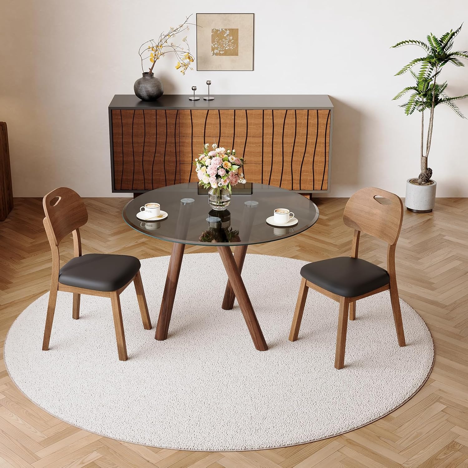 LKTART Small Glass Dining Table for 2-4 People, 35" Round Dining Table with Metal Legs, Glass Kitchen Table for Dining Room Home Office Small Spaces, Walnut