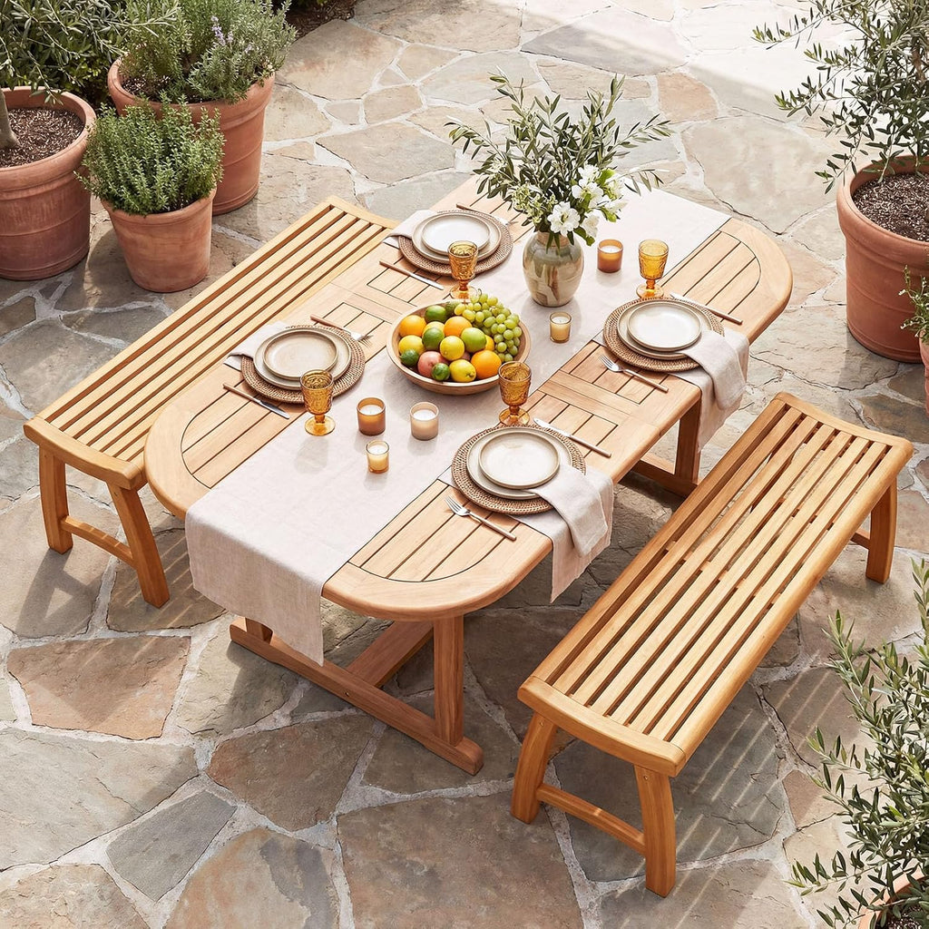 Tangkula Teak Wood Outdoor Bench, 2-Person Patio Backless Garden Dining Bench with Contoured Slatted Seat, 800 lbs Capacity, Outside Seating Furniture for Porch, Balcony, Deck & Yard (Natural)
