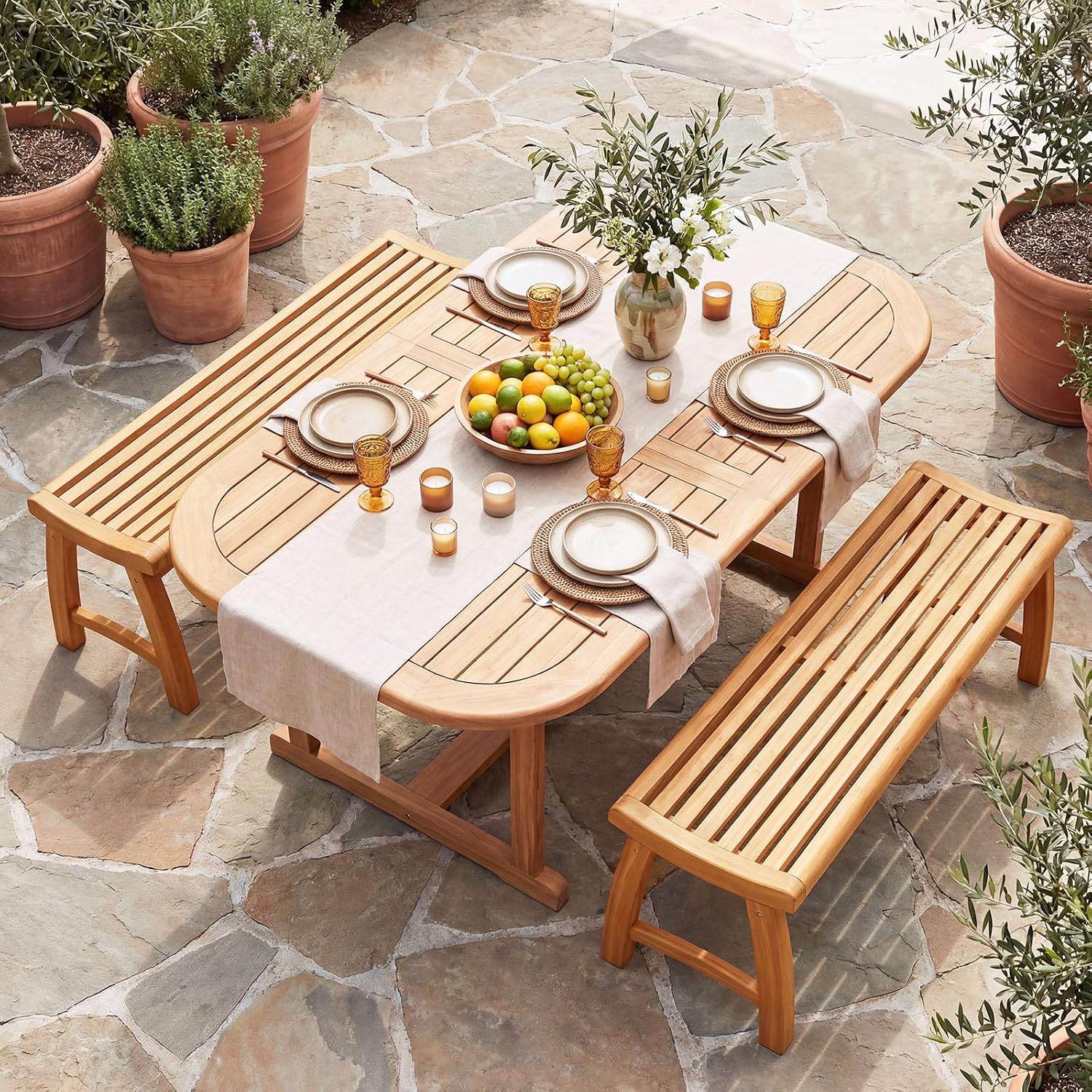 Tangkula Teak Wood Outdoor Bench, 2-Person Patio Backless Garden Dining Bench with Contoured Slatted Seat, 800 lbs Capacity, Outside Seating Furniture for Porch, Balcony, Deck & Yard (Natural)