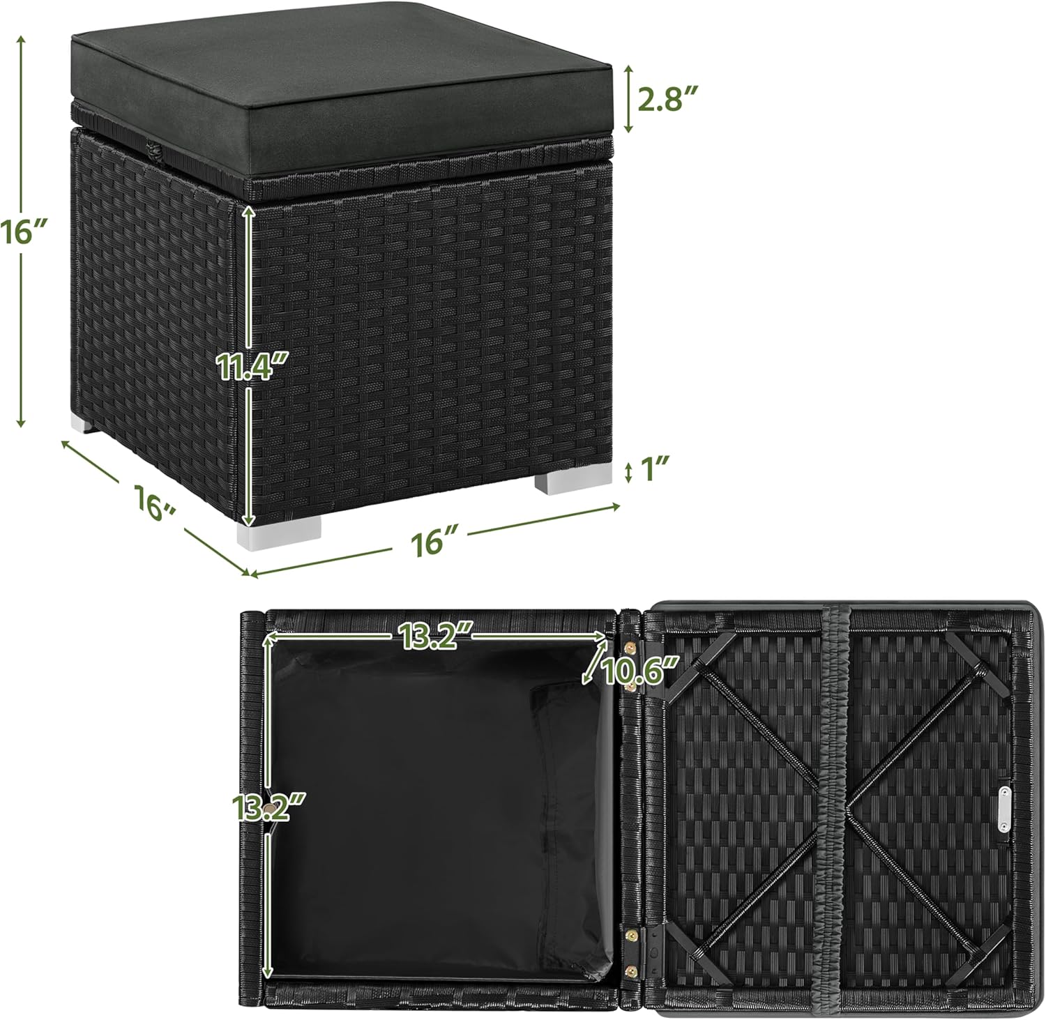 Yaheetech Wicker Ottomans, Set of 2 Patio PE Rattan Side Tables with Hidden Storage & Removable Cushion, Outdoor/Indoor Footstools, Additional Seating for Garden/Balcony/Yard, Black/Gray