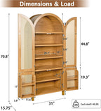 71" Tall Arched Pantry Cabinet with 4 Rattan Doors, 6-Tier Adjustable Shelves, 4 Built-in Door Racks, Rattan Storage Cabinet for Kitchen Dining Room, Soft-Close & Anti-tip Design, Oak