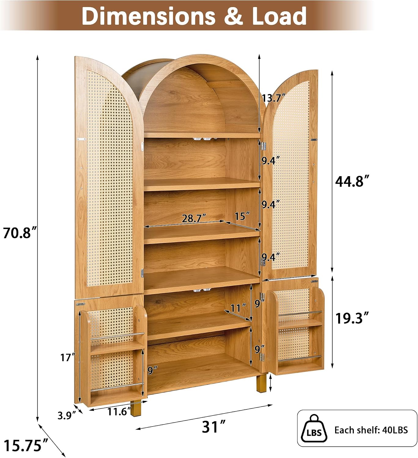 71" Tall Arched Pantry Cabinet with 4 Rattan Doors, 6-Tier Adjustable Shelves, 4 Built-in Door Racks, Rattan Storage Cabinet for Kitchen Dining Room, Soft-Close & Anti-tip Design, Oak
