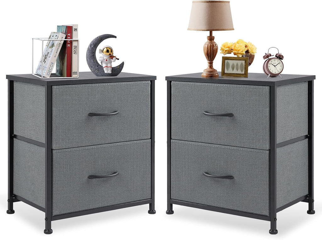 DUMOS Nightstand Set of 2, Small Dresser with 2 Fabric Drawers, End Table | Fabric Bedside Storage Organizer Furniture, 20 Inch Tall Night Stand Side End Table for Dorm, Ash