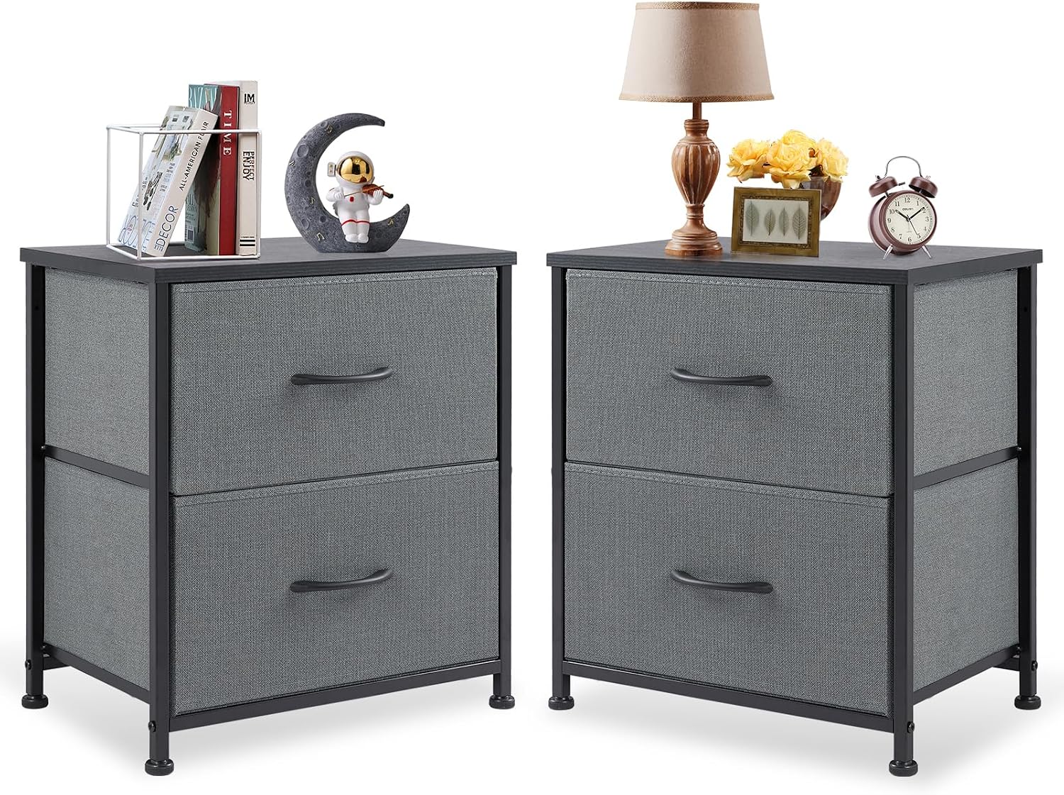 DUMOS Nightstand Set of 2, Small Dresser with 2 Fabric Drawers, End Table | Fabric Bedside Storage Organizer Furniture, 20 Inch Tall Night Stand Side End Table for Dorm, Ash