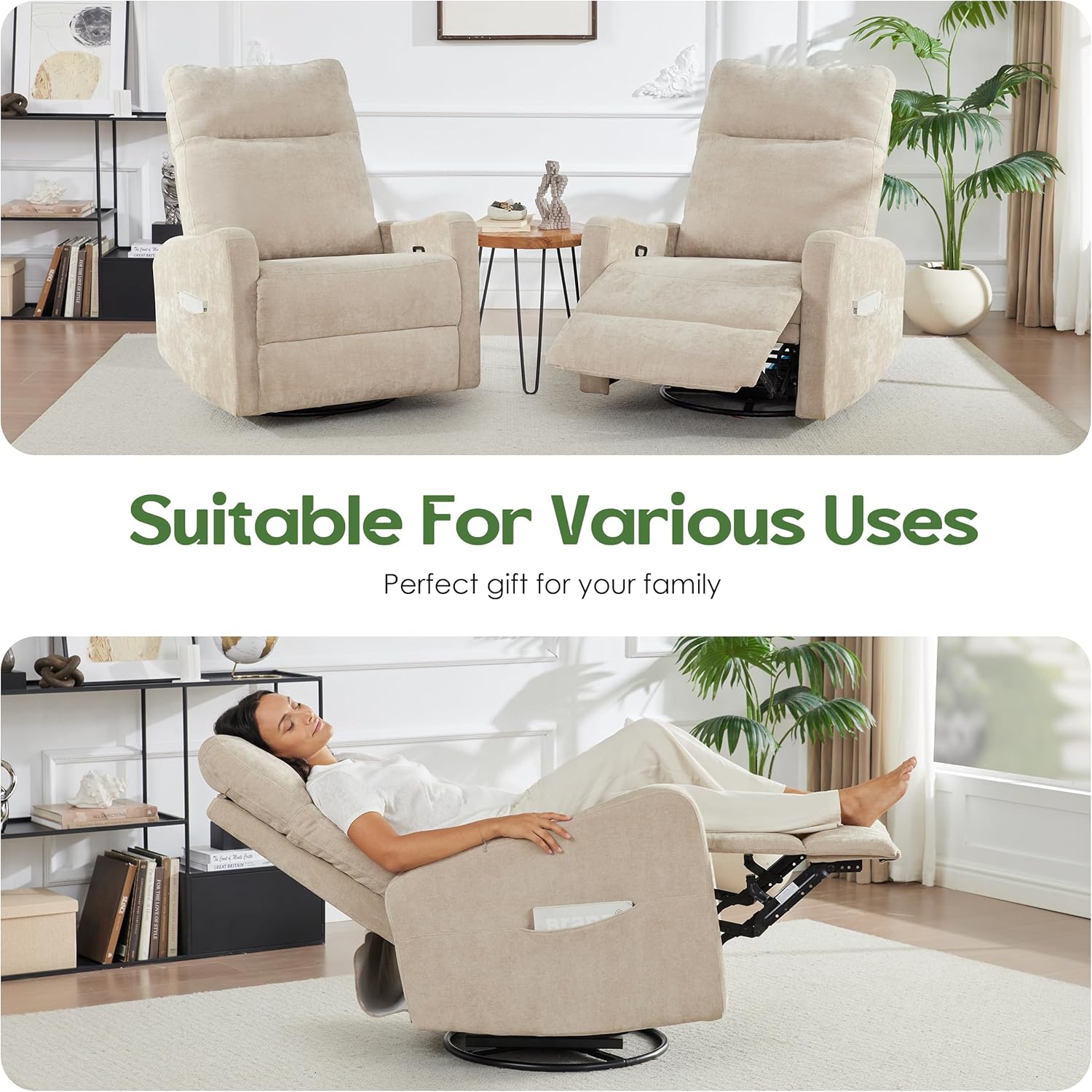 Oversized Swivel Rocking Recliner Chair, Faux Leather Manual Glider Rocker with Side Pockets, 23" Wide Seat Comfy Accent Chair for Nursery, Living Room, Bedroom, RV, Beige
