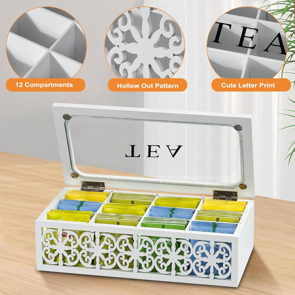 Wooden Tea Box,12 Compartments Tea Organizers and Storage,Decorative Tea Bag Holder Organizer with Clear Top for Countertop Kitchen Cabinet Pantry