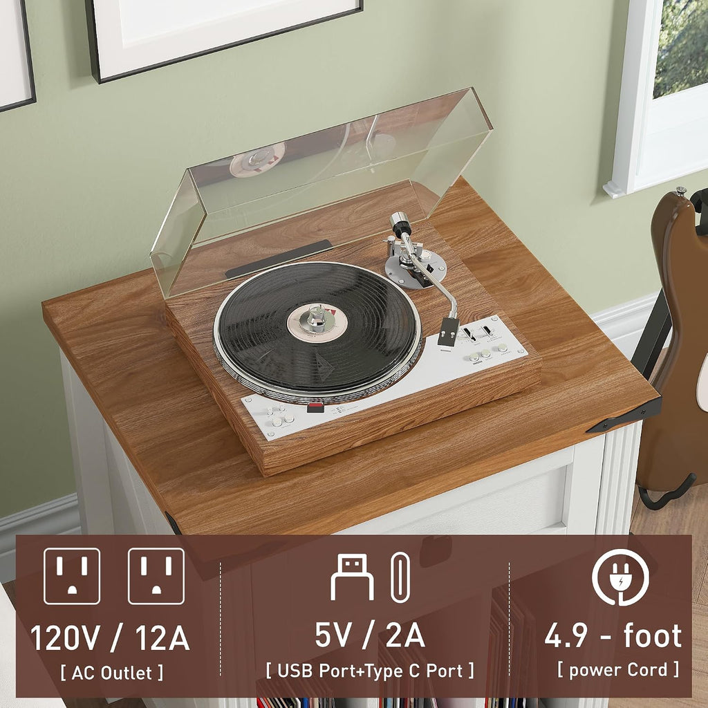 Farmhouse Record Player Stand with Vinyl Record Storage, End Table with Charging Station, Wood Record Holder Cabinet Dispaly Shelf for Living Room,Bedroom,Office,White