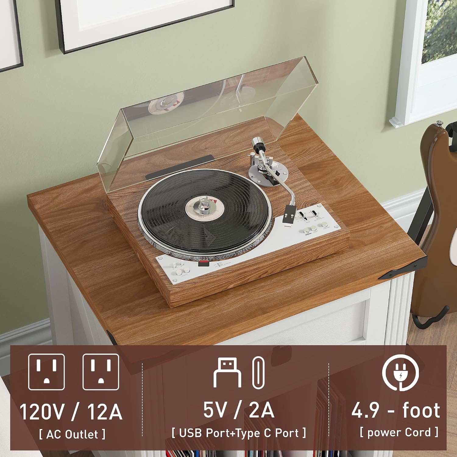 Farmhouse Record Player Stand with Vinyl Record Storage, End Table with Charging Station, Wood Record Holder Cabinet Dispaly Shelf for Living Room,Bedroom,Office,White