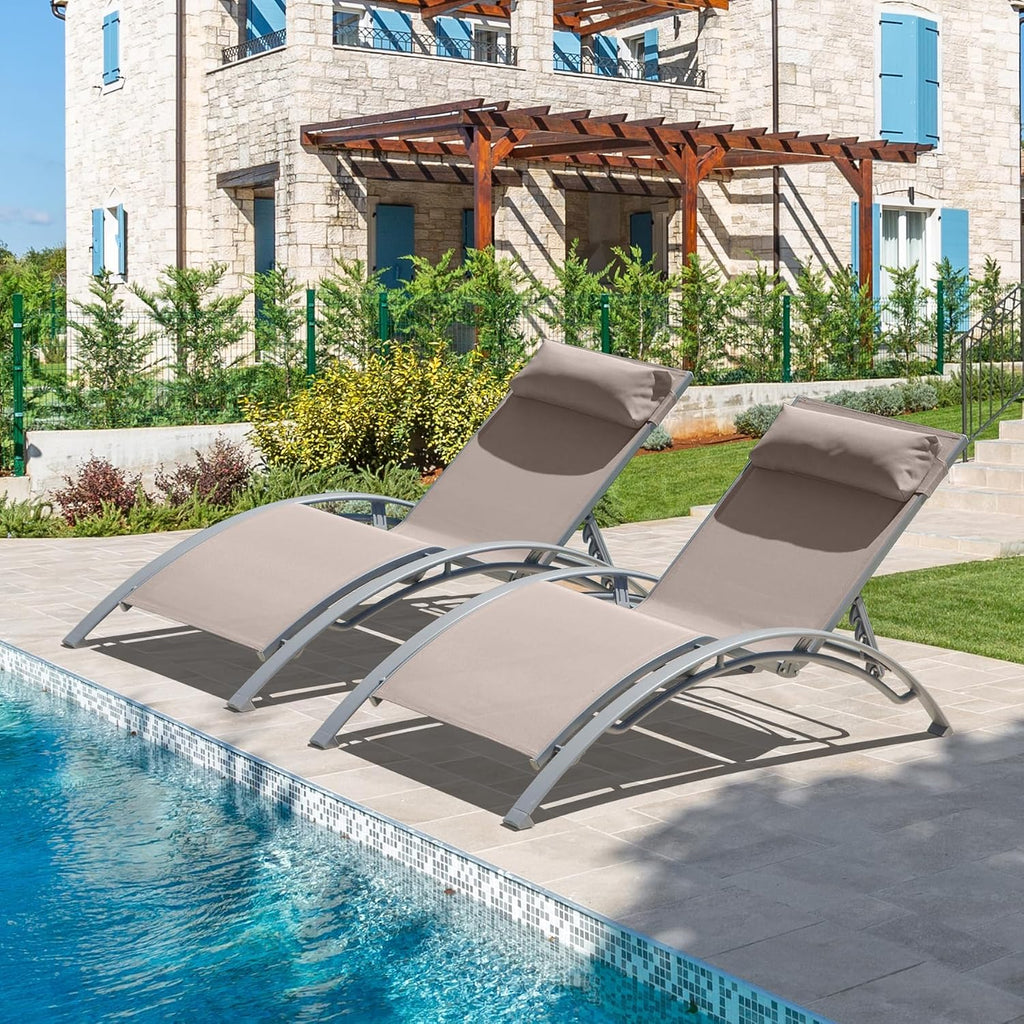 Pool Lounge Chairs Set of 2, Aluminum Outdoor Lounge Chairs, Chaise Lounge Chair, Patio Lounge Chairs, Patio Chaise Lounges, Poolside Lounge Chairs, Sun Lounger, 5 Adjustable Position -Khaki