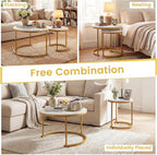 GOFLAME Nesting Coffee Tables Set of 2, Stacking Round Center Table with Wooden Tabletop & Powder Coated Steel Frame, Living Room Coffee End Table Set for Apartment, Bedroom (White & Gold)