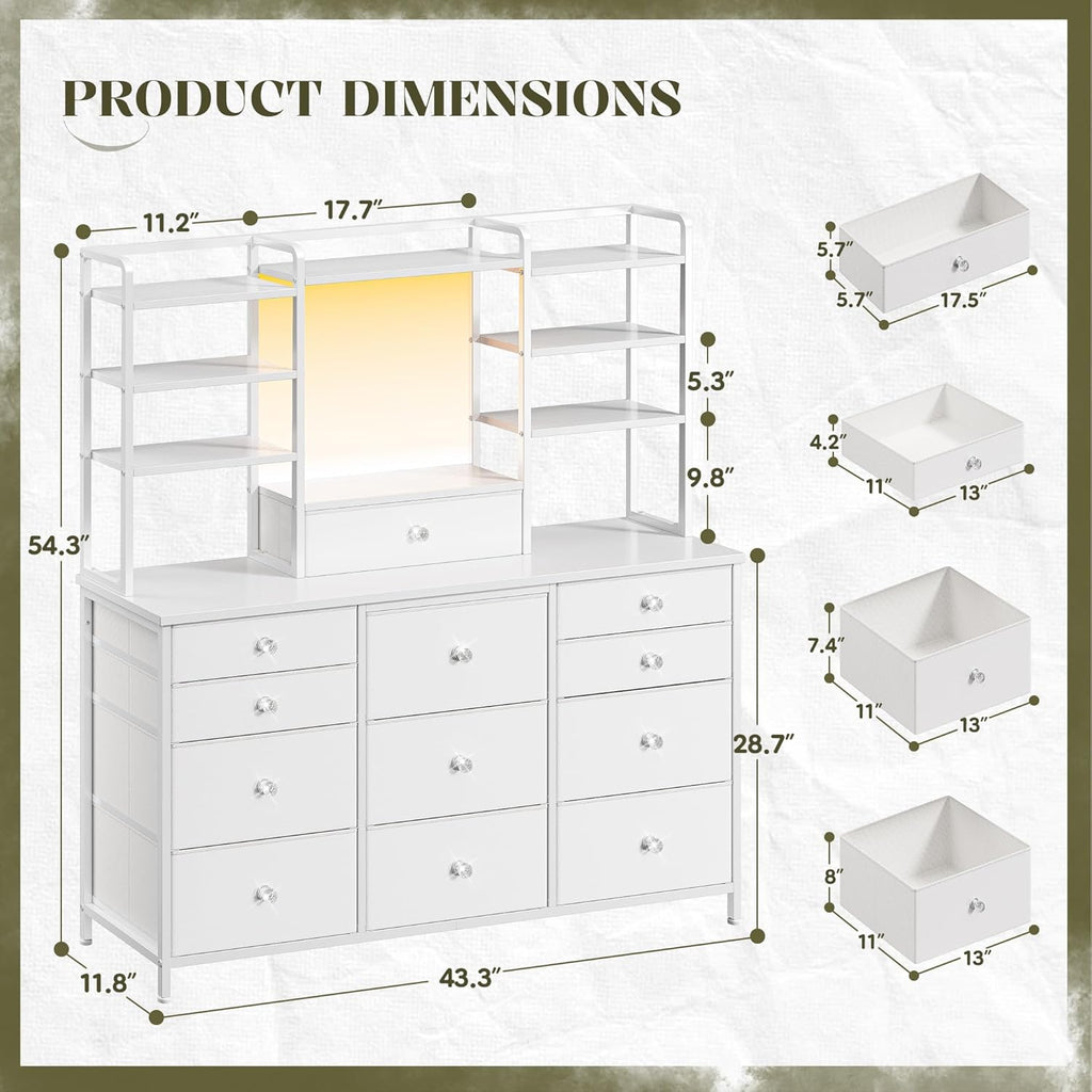 Romorgniz White Dresser for Bedroom with 12 Drawers & LED Lights, Fabric Dressers & Chests of Drawers with Open Shelves, Vanity Dresser Organizer with Metal Frame Wooden Shelf for Entryway Closet
