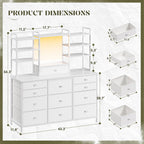 Romorgniz White Dresser for Bedroom with 12 Drawers & LED Lights, Fabric Dressers & Chests of Drawers with Open Shelves, Vanity Dresser Organizer with Metal Frame Wooden Shelf for Entryway Closet