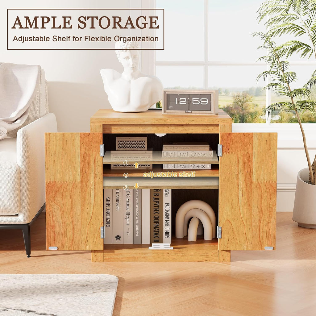 MINCETA End Table with Charging Station and USB Ports, Modern Wood Bedside Table with Door, Square Nightstand with Adjustable Storage Shelf for Living Room, Bedroom, Set of 1, Natural Oak