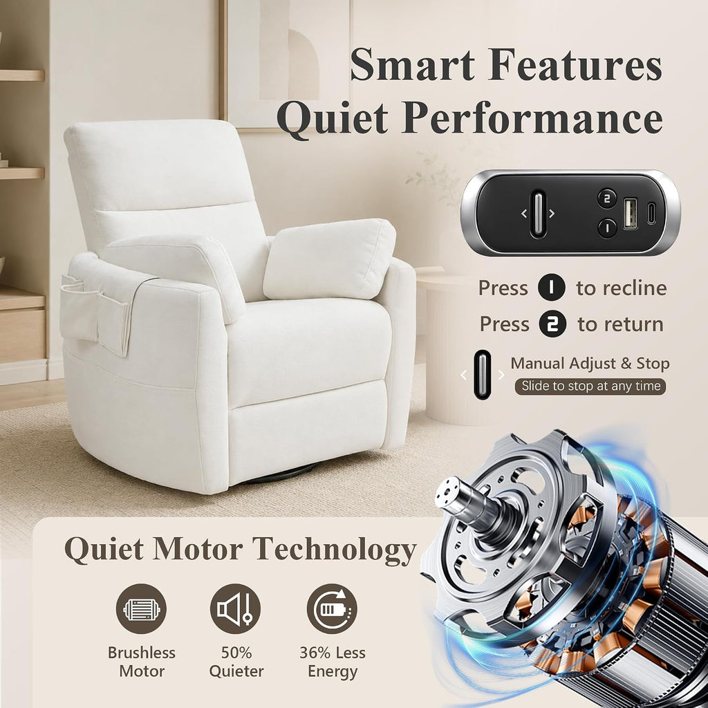 Oversized Power 270°Swivel Rocking Recliner Chair Nursery, White | Wraparound Arms, Four Storage Side Pockets, Detachable Organizer, 2 Pillows, USB & Type-C, One-Touch Controls, 30°Rocking