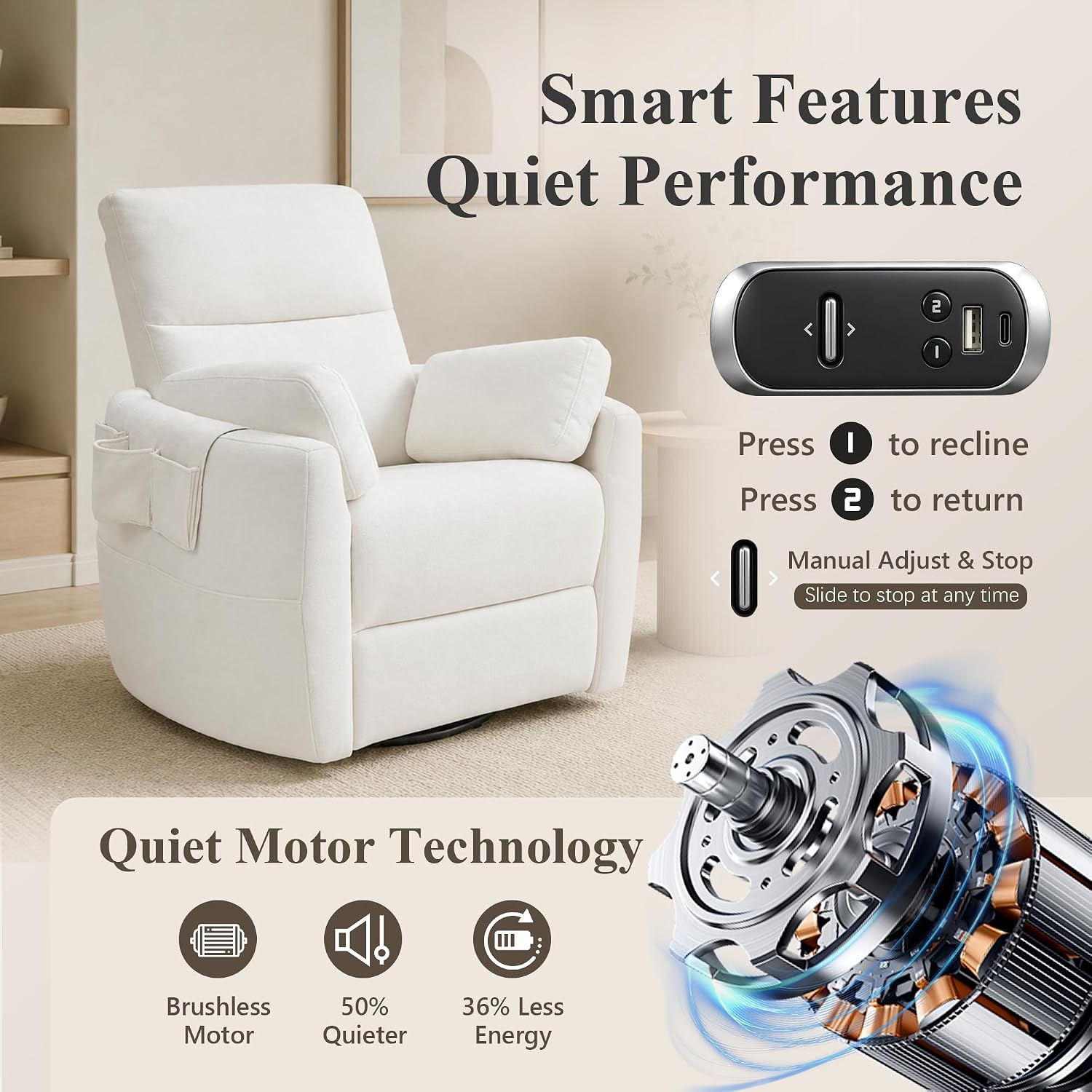 Oversized Power 270°Swivel Rocking Recliner Chair Nursery, White | Wraparound Arms, Four Storage Side Pockets, Detachable Organizer, 2 Pillows, USB & Type-C, One-Touch Controls, 30°Rocking