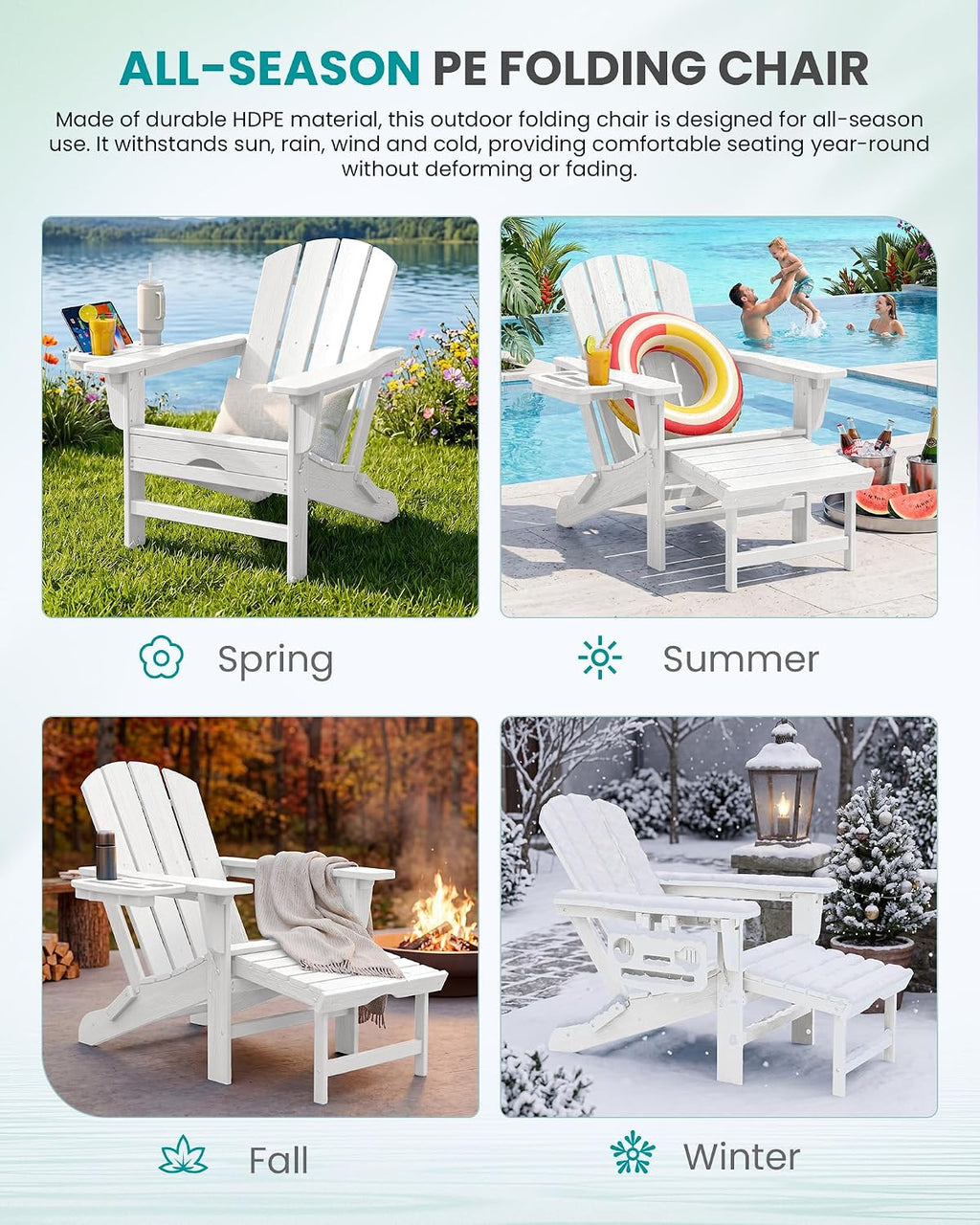 SERWALL Folding Adjustable Adirondack Chairs with Footrest Set of 2, HDPE Outdoor Chair with 4-in-1 Cup Holders, All Weather Adirondack Chair with Ottoman, White