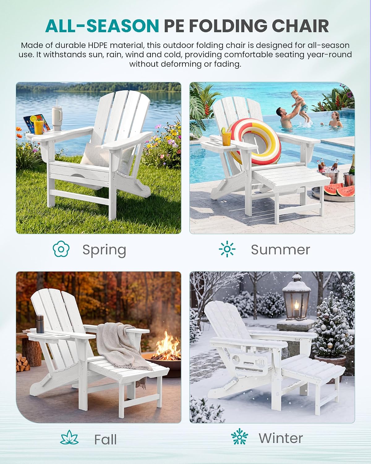 SERWALL Folding Adjustable Adirondack Chairs with Footrest Set of 2, HDPE Outdoor Chair with 4-in-1 Cup Holders, All Weather Adirondack Chair with Ottoman, White
