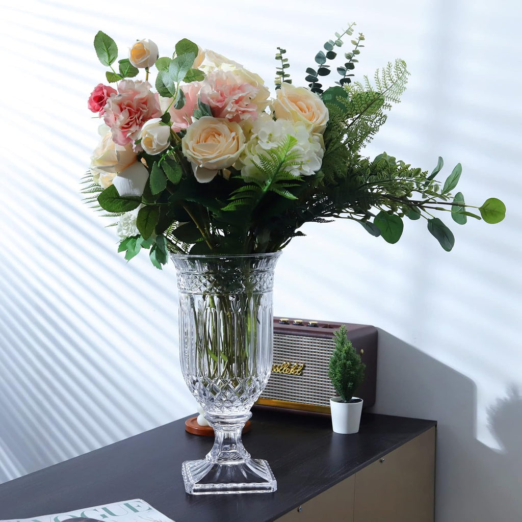 Joeyan 13" Glass Urn Vase,Tall Centerpiece with Ripple Diamond Pattern,Thickened Vase for Home, Wedding Parties