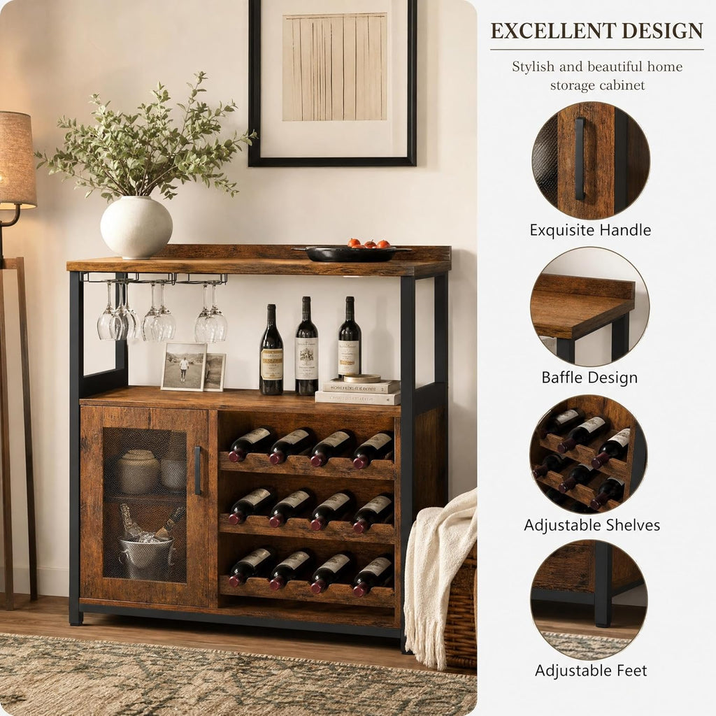 Wine Bar Cabinet with LED light, 3-Tier Removable wine rack cabinet glass holder, Mesh door adjustable shelf display cabinet bar, Waterproof metal frame buffet cabinet with storage bar cabinet, Retro