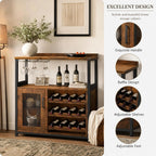 Wine Bar Cabinet with LED light, 3-Tier Removable wine rack cabinet glass holder, Mesh door adjustable shelf display cabinet bar, Waterproof metal frame buffet cabinet with storage bar cabinet, Retro