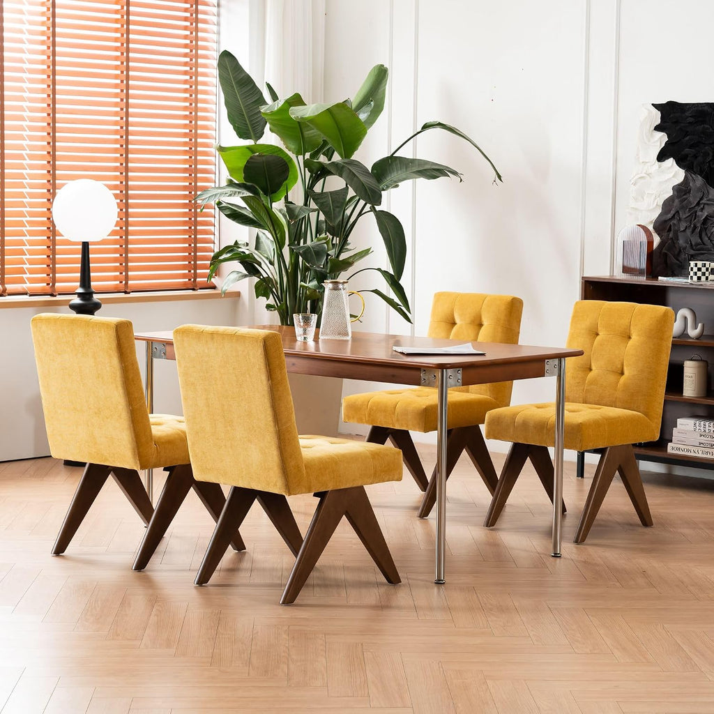 Rowill Modern Upholstered Dining Chairs Parsons Chair Linen Fabric Kitchen Chairs Tufted Armless Dining Room Chairs with Wood Legs Set of 4, Yellow