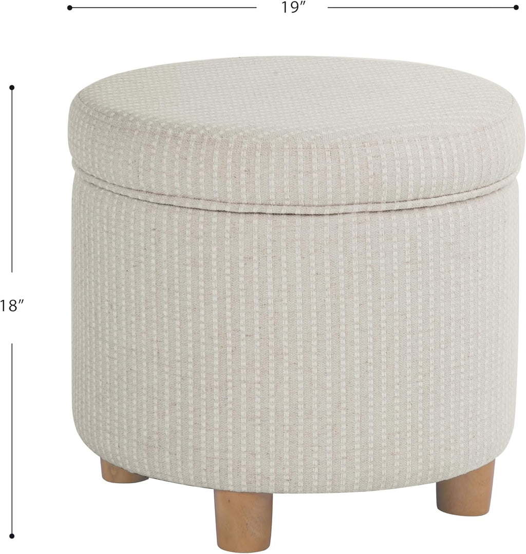 Homepop Home Decor | Upholstered Round Storage Ottoman | Ottoman with Storage for Living Room & Bedroom, White Woven Stripe