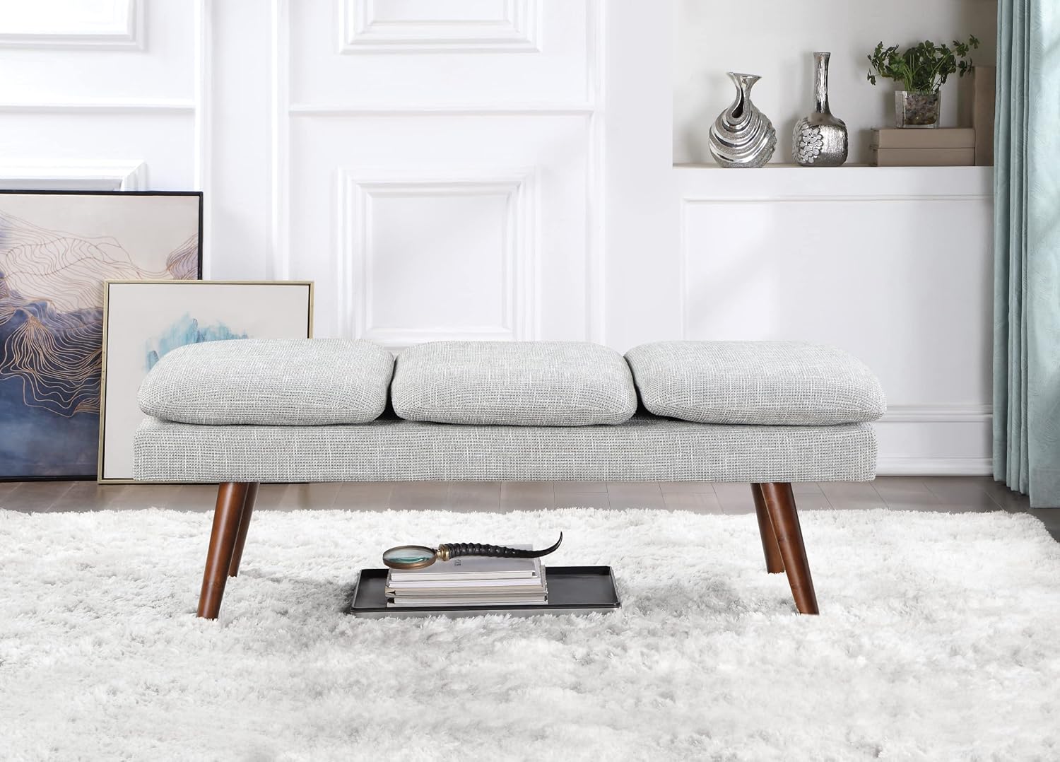 OSP Home Furnishings Amanda Mid-Century Modern Upholstered Bench with Solid Wood Tapered Legs, 54-inches, Grey Fabric