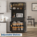 Garvee 72 in Tall Kitchen Pantry Cabinet, Kitchen Hutch Bar Cabinet with Microwave Stand, Cupboard with Drawers Glass Doors for Dining Room, Living Room, Dark Black