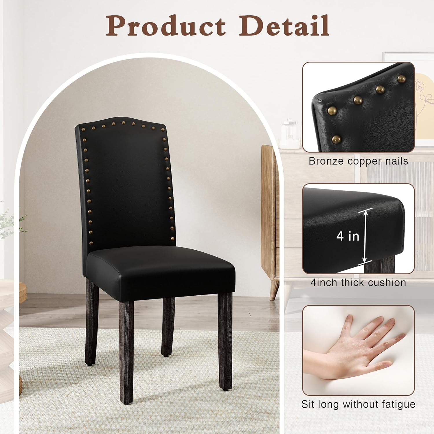LSSPAID Dining Chairs Set of 6, Modern PU Leather Upholstered Parsons Dining Room Chairs with Bronze Nail Head Trim and Brushed Solid Wood Legs, Black