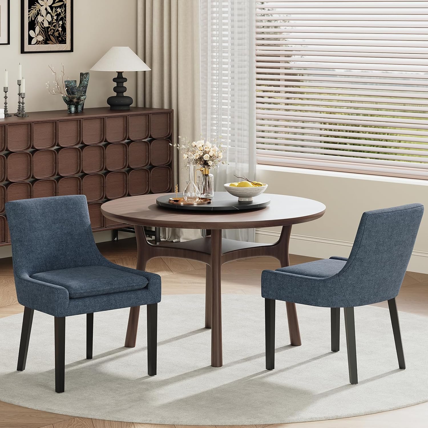 COLAMY Modern Dining Chairs Set of 2, Upholstered Accent Side Leisure Chairs with Mid Back and Wood Legs for Living Room/Dining Room-Blue