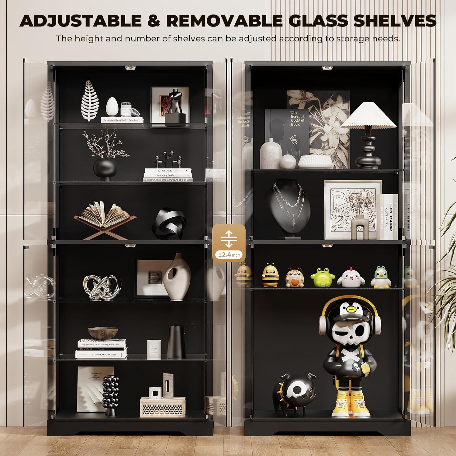 BROTTAR Display Cabinet with Glass Door, 6-Tier 71" Curio Cabinet with 3 Color Lights for Collectibles, Display Case with Adjustable Glass Shelves, Human Body Sensor, Storage Cabinets, Black