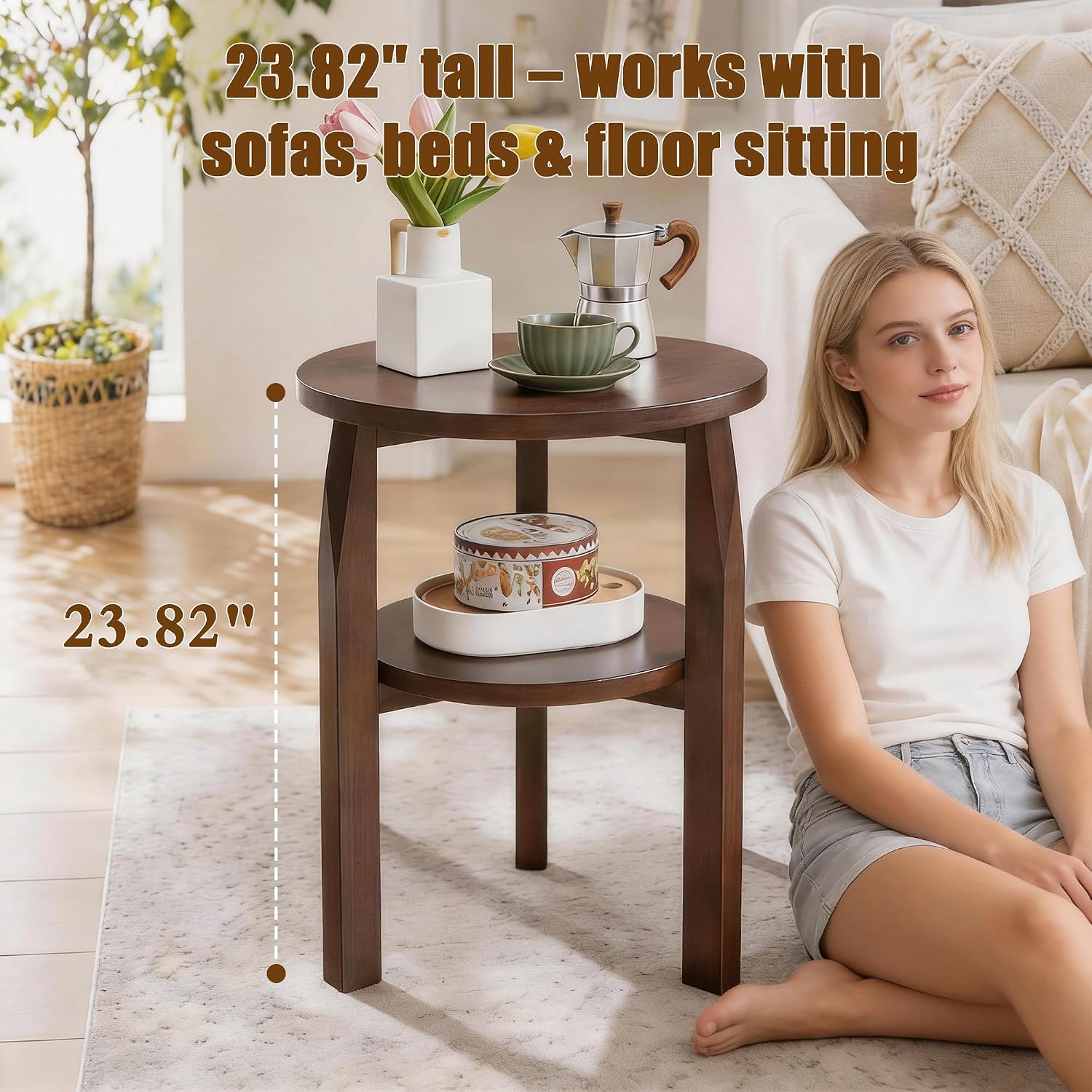 Round End Table, Solid Rubberwood 2-Tier Side Table with Open Storage Shelf, Small Accent Table for Living Room, Bedroom, Sofa Side and Small Spaces