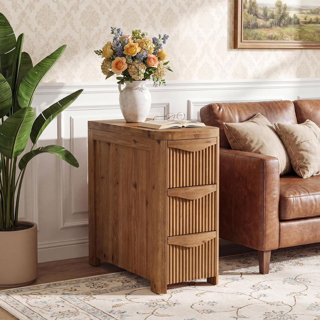 Solid Wood End Table with 3 Drawers, 24" Farmhouse Fluted Narrow Side Table, Slim Sofa Side Table for Small Spaces, Rustic Nightstand with Storage for Living Room Bedroom