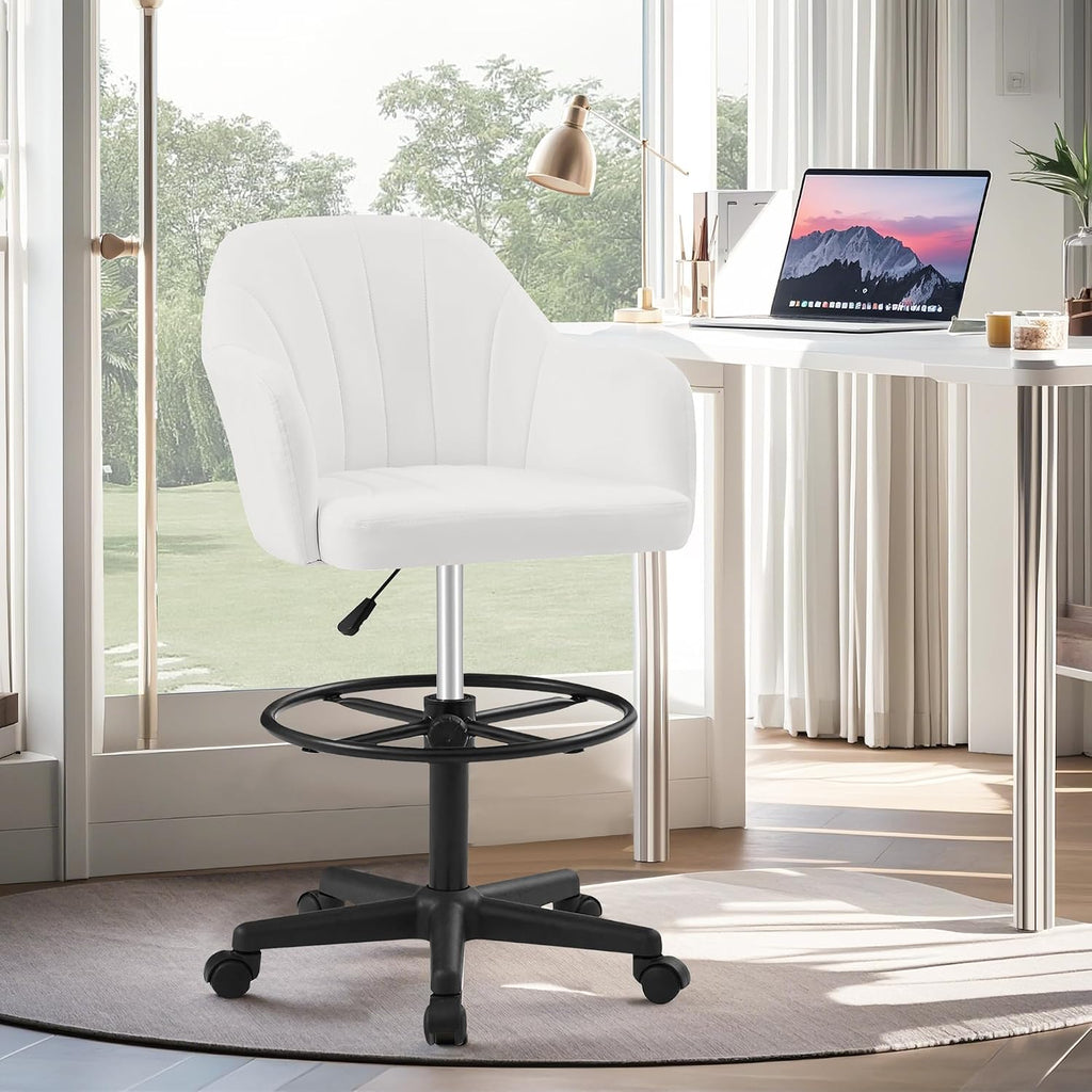 VECELO Drafting Chair with Height-Adjustable, Lumbar Support and Footrest, for Standing Desk Bedroom Vanity Office Living Computer Room, White