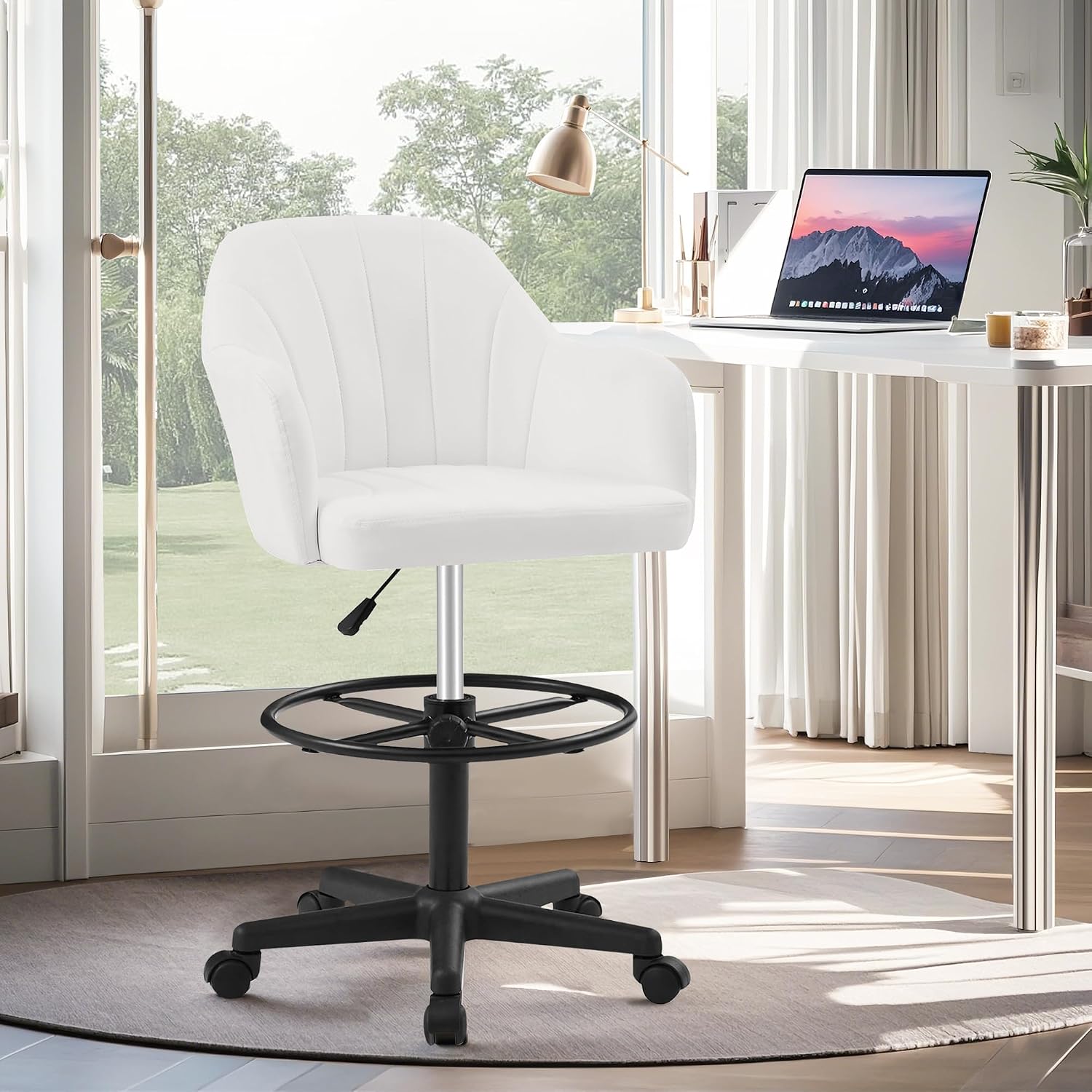 VECELO Drafting Chair with Height-Adjustable, Lumbar Support and Footrest, for Standing Desk Bedroom Vanity Office Living Computer Room, White