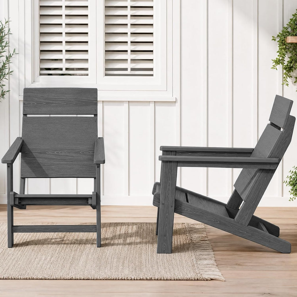 SERWALL Modern Adirondack Chairs, Slatless HDPE Adirondack Chairs, Solid Backrest Plastic Outdoor Chairs Set of 4,Wood-Like Texture-Grey