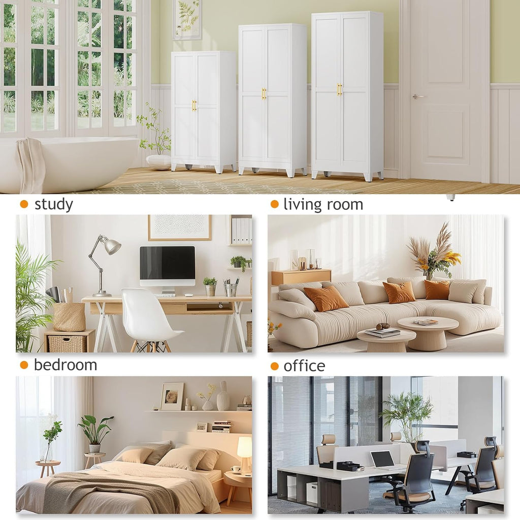 71" Tall Metal Pantry Storage Cabinet with Doors and 4 Adjustable Shelves, Freestanding White Cupboard for Kitchen, Dining Room or Living Room