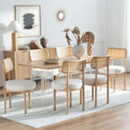 EYYTHUNG Rattan Wooden Dining Chair Set of 2 with Cane Curved Back, Farmhouse Upholstered Dining Room Chairs with Wood Legs, Boucle Armless Side Chair for Kitchen, Living Room, Natural Oak