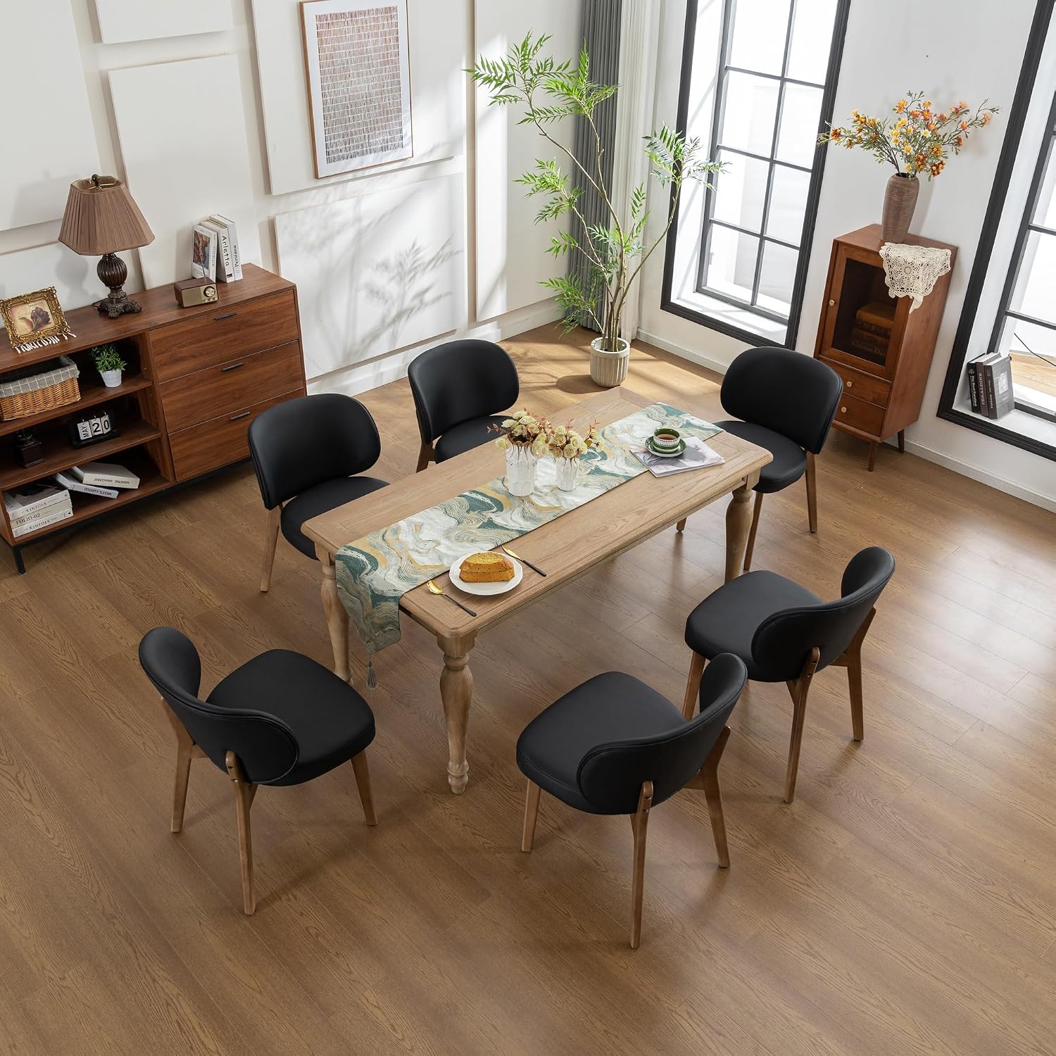 YOUNIKE Dining Chair with High Back Set of 4 Mid Century Modern Kitchen Chair Faux Leather Upholstered Armless Chair 20" Wide Padded Seat with Wooden Legs for Kitchen Dining Living Room Bedroom Black
