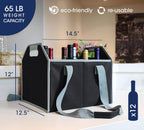 12 Bottle Wine Carrier Collapsible Reusable with Strap for Liquor Champagne Beer Glasses Storage Shopping Travel (Black)