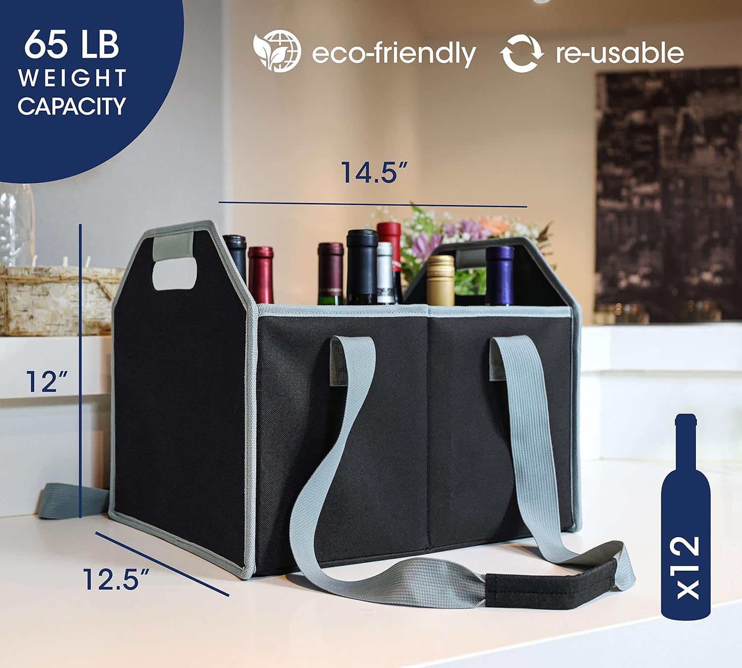 12 Bottle Wine Carrier Collapsible Reusable with Strap for Liquor Champagne Beer Glasses Storage Shopping Travel (Black)