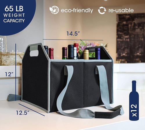 12 Bottle Wine Carrier Collapsible Reusable with Strap for Liquor Champagne Beer Glasses Storage Shopping Travel (Black)