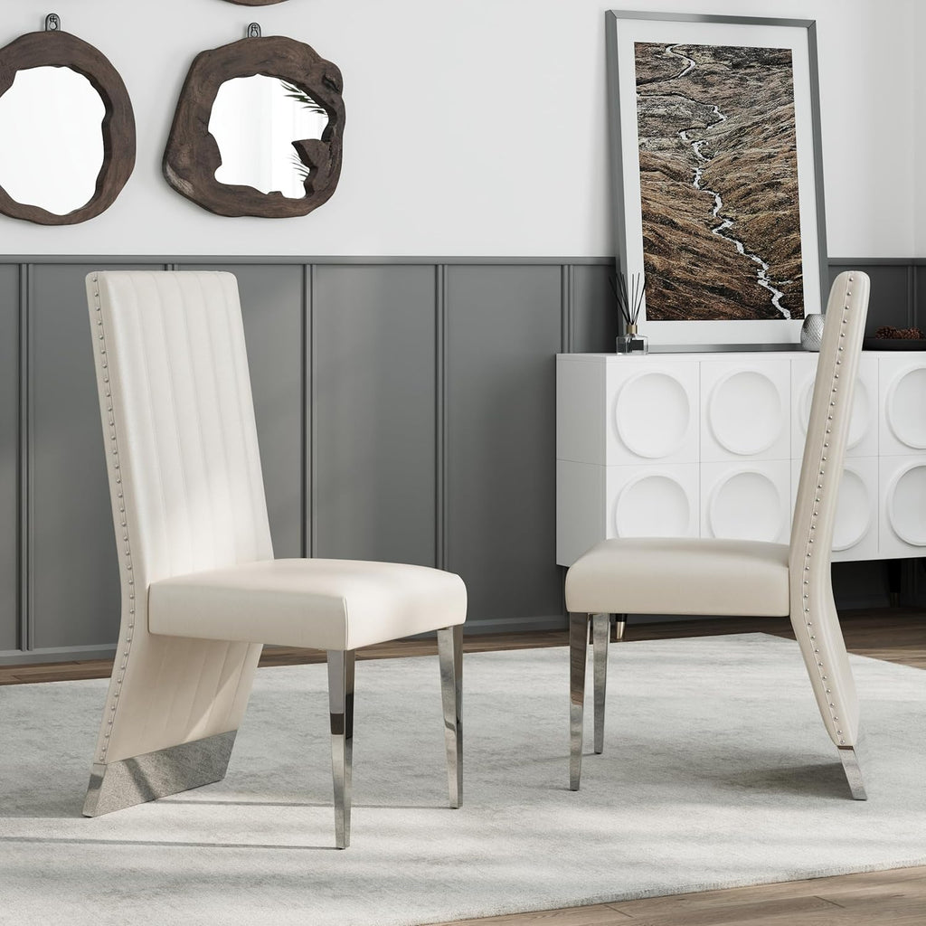 AUZ White Leather Dining Chairs Set of 6, White and Silver Upholstered Dining Room Chairs with Nailhead Trim High Back, Modern Dining Chair with Polished Silver Metal Legs