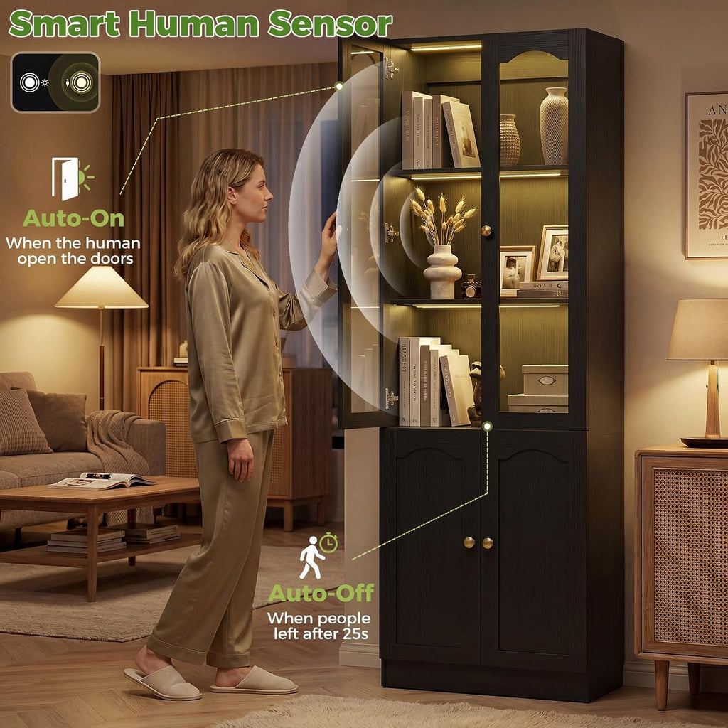 Cyclysio 80" Tall Pantry Cabinet with Arched Glass Doors and Lower Storage Cabinet, 2 Set Black Kitchen Pantry Storage Cabinet with Interior Motion Sensor Light, Adjustable Shelf, Baseboard Cutout