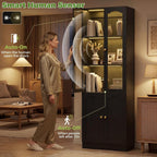 Cyclysio 80" Tall Pantry Cabinet with Arched Glass Doors and Lower Storage Cabinet, 2 Set Black Kitchen Pantry Storage Cabinet with Interior Motion Sensor Light, Adjustable Shelf, Baseboard Cutout