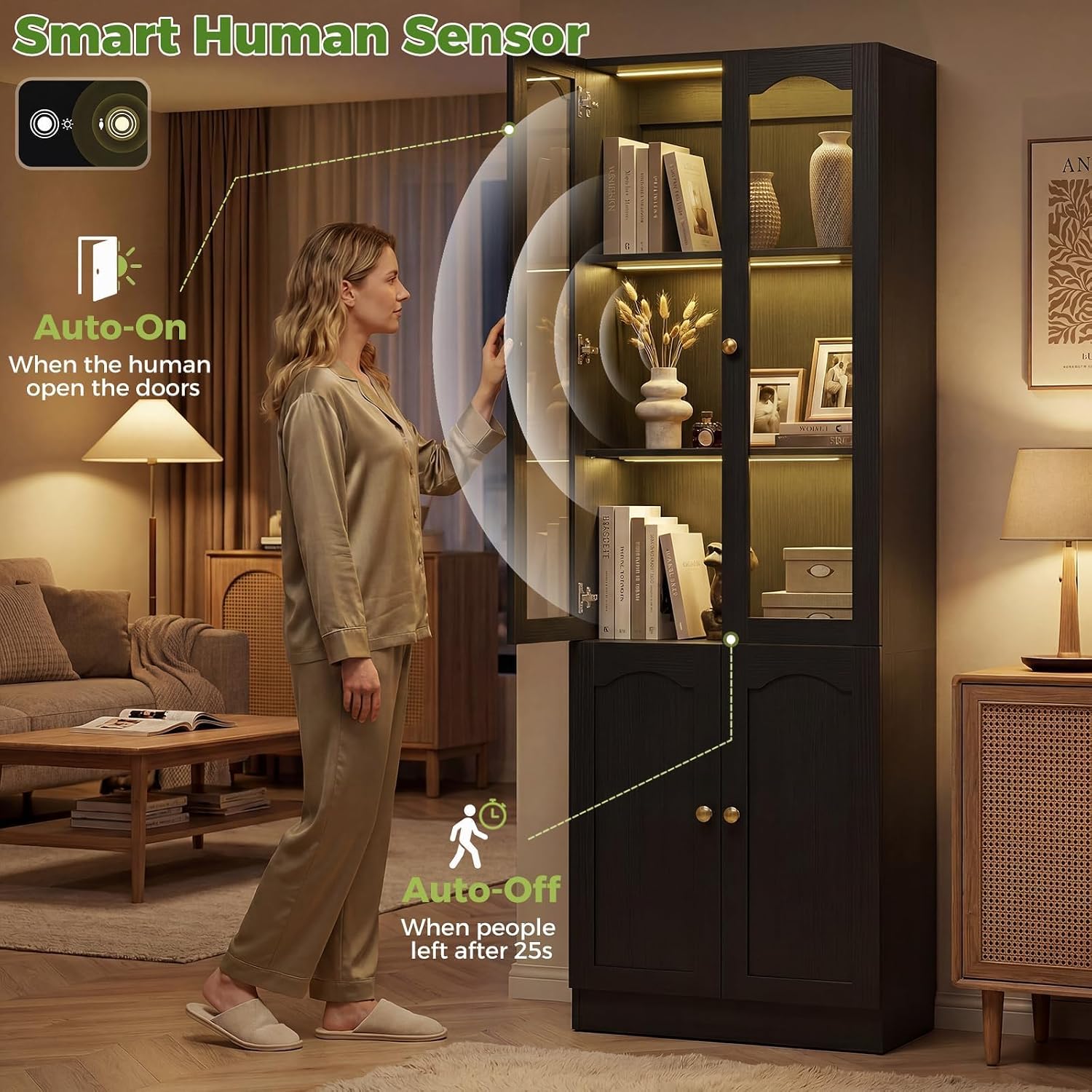 Cyclysio 80" Tall Pantry Cabinet with Arched Glass Doors and Lower Storage Cabinet, Black Kitchen Pantry Storage Cabinet with Interior Motion Sensor Light, Adjustable Shelf, Baseboard Cutout